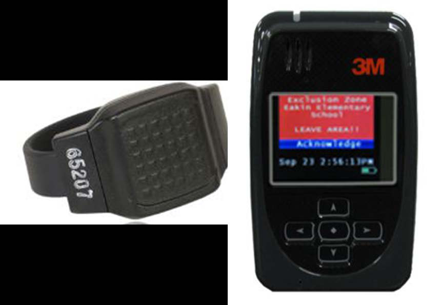 3M two-piece GPS ankle monitor system with ankle bracelet and handheld tracking device showing exclusion zone alert
