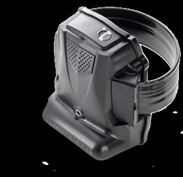 SCRAM GPS ankle monitor with charging cradle dock showing LED indicator lights