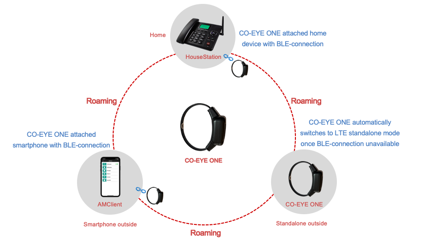 Diagram of adaptive multi-mode connectivity between home hub, smartphone companion link, and LTE standalone paths for a GPS ankle monitor class device