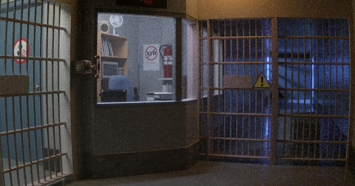 Prison corridor with security lighting - real-time location system RTLS infrastructure for inmate tracking in correctional facilities