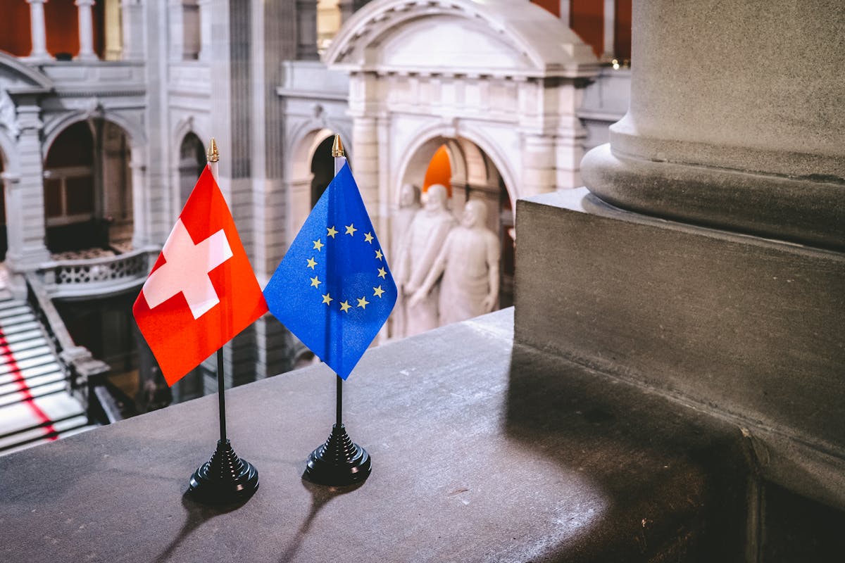 Swiss and European flags at government building in Bern where the EM association met to plan dynamic surveillance rollout