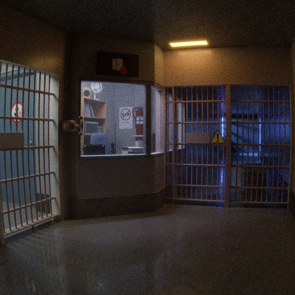 A dimly lit police custody corridor with detention cells — the environment where radar-based biometric sensors monitor detainee vital signs