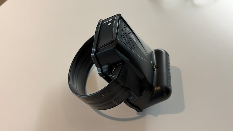 Track Group ReliAlert GPS ankle monitor device used in Quebec anti-approach bracelet program showing bulky design with speaker grille
