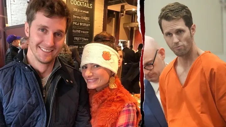 Lee Gilley and Christa Bauer together before the murder, contrasted with Gilley in orange jumpsuit at Harris County court