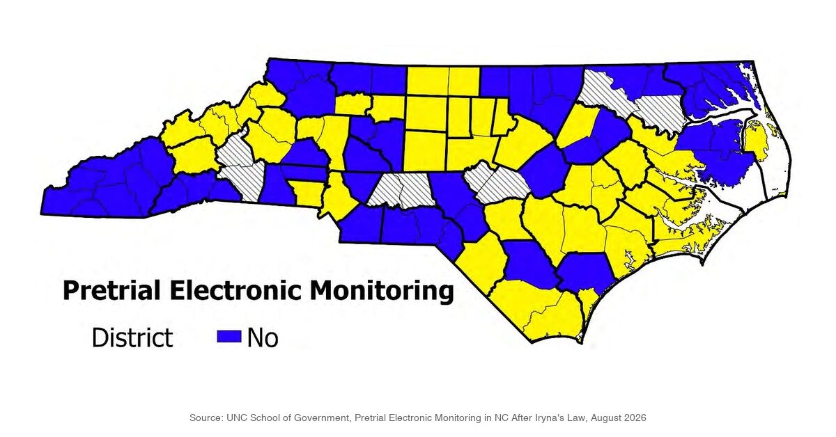 Map of North Carolina pretrial electronic monitoring availability by county after Iryna Law 2026 — only 43 of 100 counties have EM capabilities eight months after legislative mandate