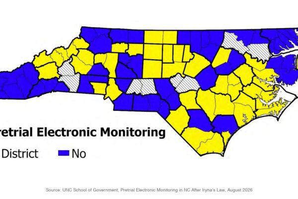 Map of North Carolina pretrial electronic monitoring availability by county after Iryna Law 2026 — only 43 of 100 counties have EM capabilities eight months after legislative mandate