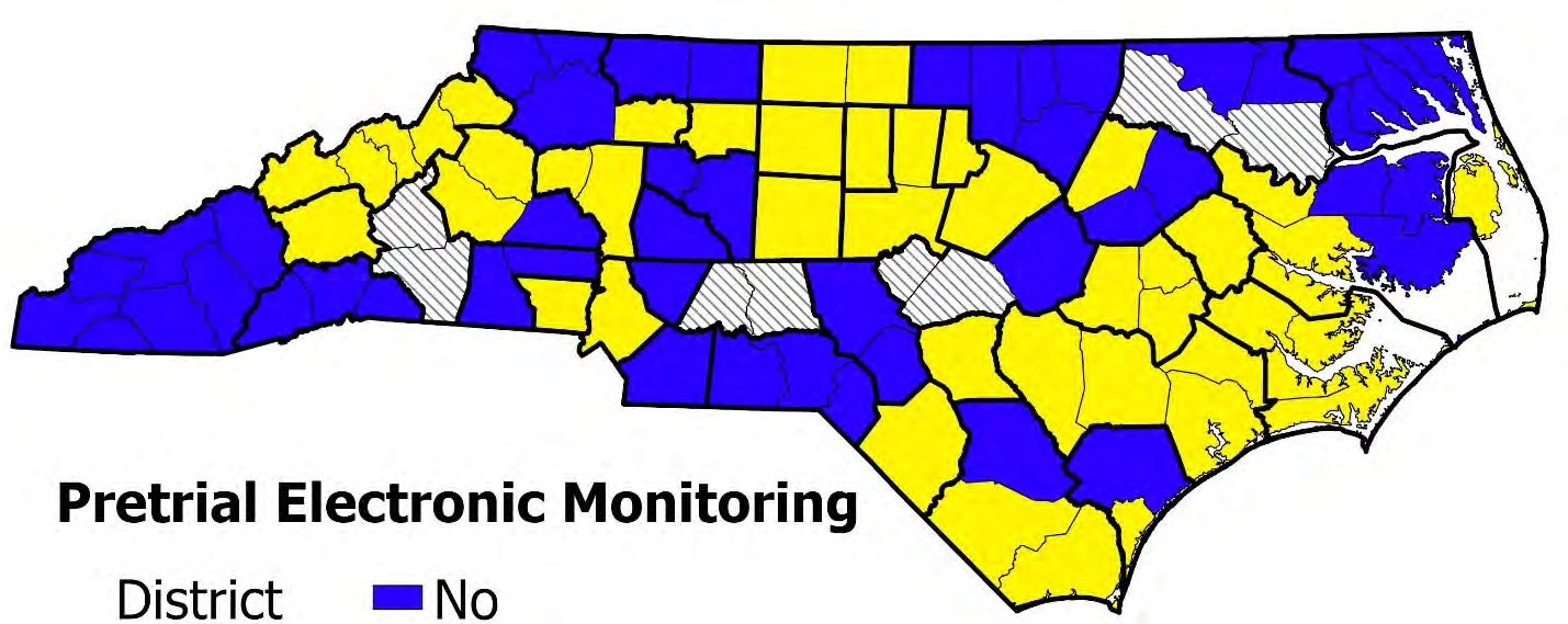 Map of North Carolina showing pretrial electronic monitoring availability by county and judicial district after Iryna Law 2026